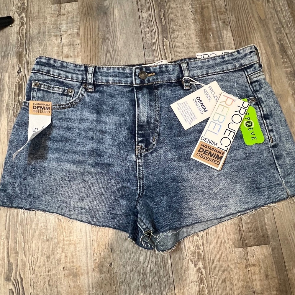 Project Rebel Womens Cut Off Shorts Sustainable Acid Wash Blue 15 NWT